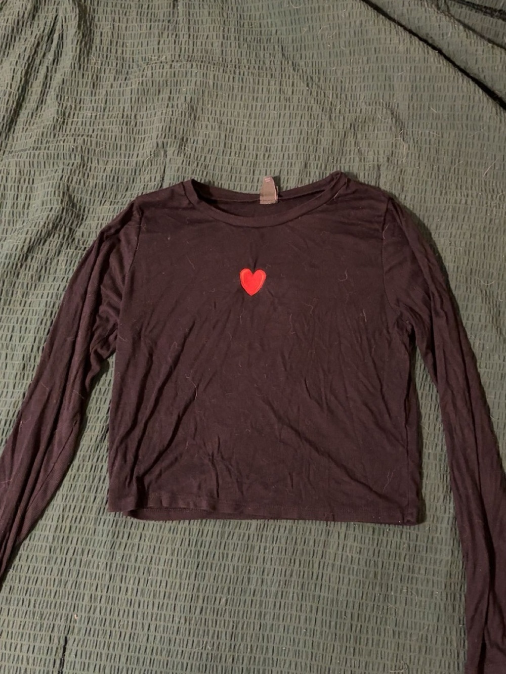 Black Long-Sleeve Women's Top with Red Heart